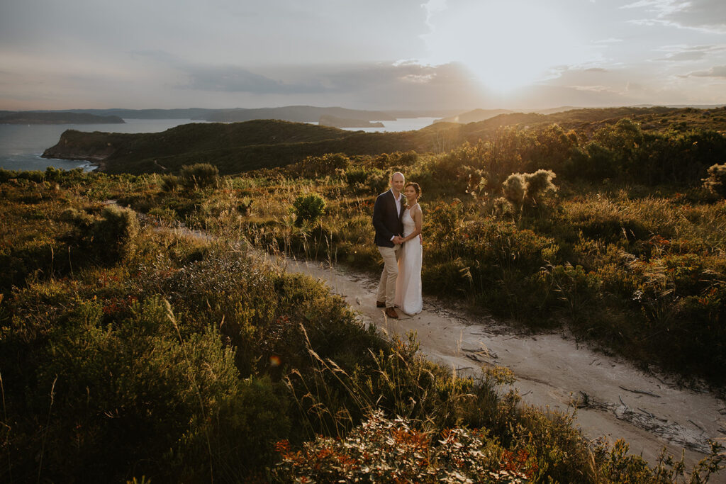 Elopement at box Head on the NSW Central Coast. A stunning vista at sunset looking down the coastline and Hawkesbury River. beautiful, relaxed photography.