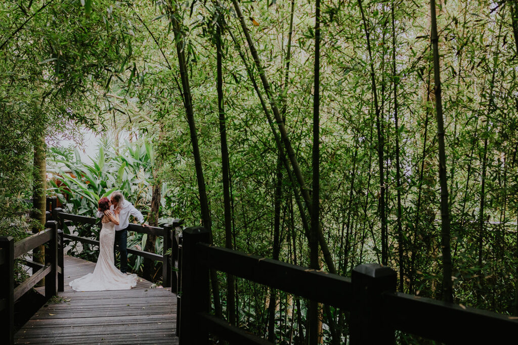Kims Beach Retreat, Central Coast Elopement in the Bamboo Forest at Toowoon Bay. Couple kissing.
